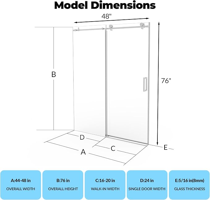 Frameless Shower Doors 44-48”W×76”H, Sliding Glass Shower Door with Round Stainless Steel Track, 8mm Tempered Glass, Quiet Rollers, Matte Black