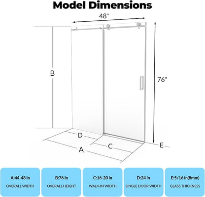 Frameless Sliding Shower Door 44–48 × 76 Inch – Single Sliding Glass Door with Fixed Panel, 8mm Tempered Glass, Stainless Steel Round Rail, Matte Black