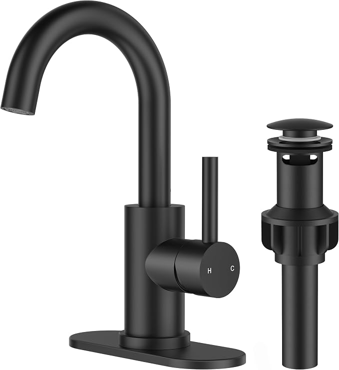 FORIOUS Matte Black Bathroom Faucet 1 Hole Single Handle Sink Faucet | with 6-inch Deck Plate for 1 or 3 hole(4-inch centerset)Sink Setup, Supply Lines and Drain, Swivel for Bar Kitchen RV Vanity