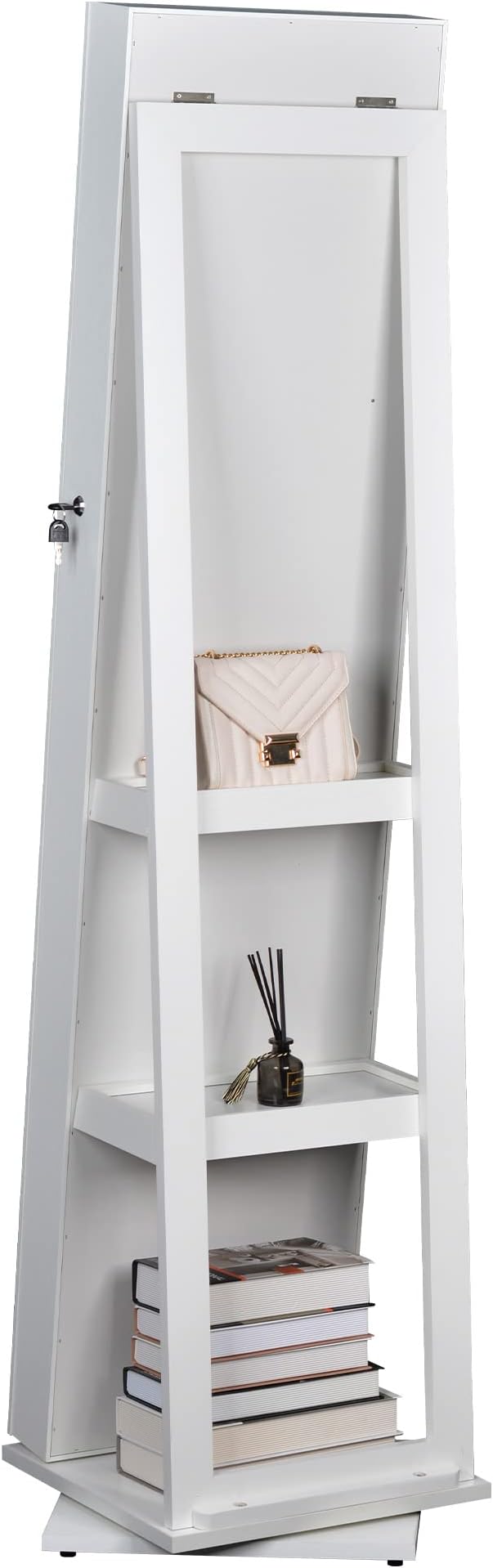 360° Swivel Jewelry Armoire with Full-Length Mirror, Lockable Standing Jewelry Organizer Cabinet with Interior Mirror & Rear Storage Shelves, 65" Floor Mirror Jewelry Storage (White)