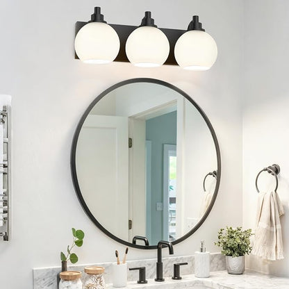 IZORRO Bathroom Light Fixtures, 3-Light Matte Black Vanity Light, Modern Wall Sconces with Globe Milk White Glass Shade, Vanity Lighting Fixtures Over Mirror,E26 Bulb Socket