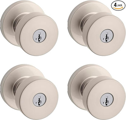 Kwikset Pismo Entry Door Knob with Lock and Key, Secure Keyed Handle Exterior, Front Entrance and Bedroom, Satin Nickel, 4 Pack, Pick Resistant SmartKey Rekey Security and Microban