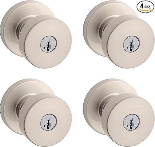 Kwikset Pismo Entry Door Knob with Lock and Key, Secure Keyed Handle Exterior, Front Entrance and Bedroom, Satin Nickel, 4 Pack, Pick Resistant SmartKey Rekey Security and Microban
