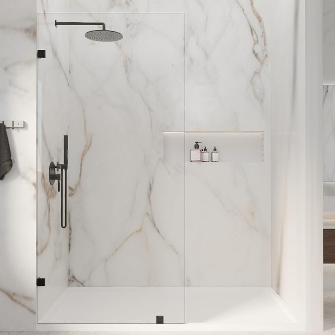 32" W x 72" H Fixed Shower Glass Panel | 3/8” 10mm Frameless for Walk in Shower with Clear Tempered Glass Explosion-Proof Film for Bathroom, Matte Black
