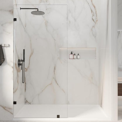 32" W x 72" H Fixed Shower Glass Panel | 3/8” 10mm Frameless for Walk in Shower with Clear Tempered Glass Explosion-Proof Film for Bathroom, Matte Black