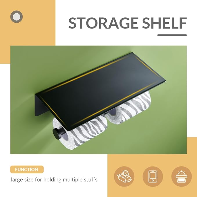 Matte Black Double Tissue Holder with Storage Shelf, Wall Mounted | 304 Stainless Steel Toilet Paper Holder, Rustproof for Bathroom Restroom Powder Room, Dual Rolls Dispenser, Large Phone Shelf