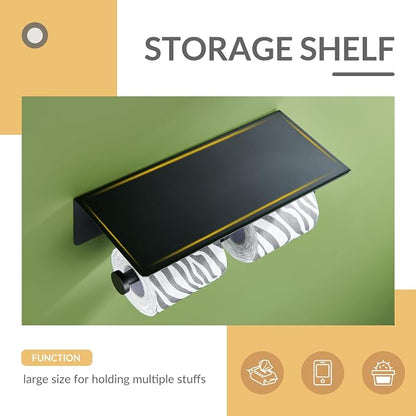 Matte Black Double Tissue Holder with Storage Shelf, Wall Mounted | 304 Stainless Steel Toilet Paper Holder, Rustproof for Bathroom Restroom Powder Room, Dual Rolls Dispenser, Large Phone Shelf