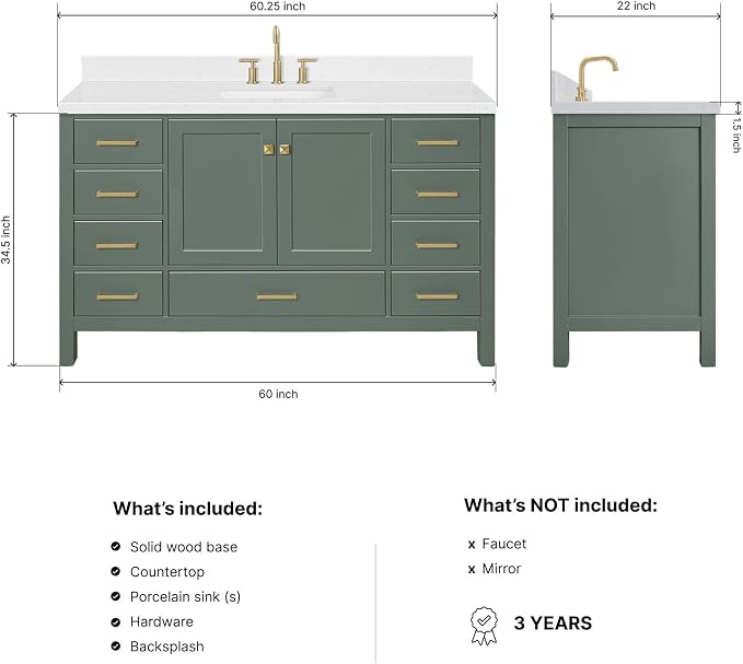 ARIEL Cambridge 60-inch Bathroom Vanity with Sink,Solid Wood, 1.5-inch Carrara White Quartz Countertop, Single Rectangular Porcelain Sink, 2 Soft Closing Doors, 9 Dovetail Drawers, Vintage Green