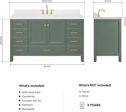 ARIEL Cambridge 60-inch Bathroom Vanity with Sink,Solid Wood, 1.5-inch Carrara White Quartz Countertop, Single Rectangular Porcelain Sink, 2 Soft Closing Doors, 9 Dovetail Drawers, Vintage Green