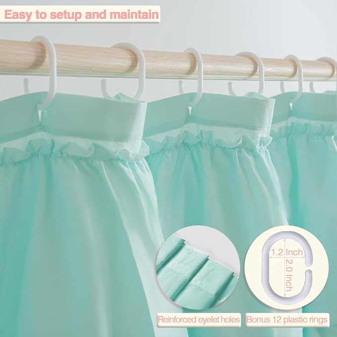 Teal Ruffle Shower Curtain, Elegant Boho Bathroom Decor, Extra Long Textured Fabric, Rustic Farmhouse Style, Chic Girly Aqua Curtains, Privacy & Decorative Design, 36 x 72 inch