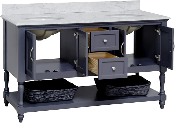 Beverly 60-inch Double Bathroom Vanity (Marine Gray/Carrara): Includes Marine Gray Cabinet with Authentic Italian Carrara Marble Countertop and White Ceramic Sinks