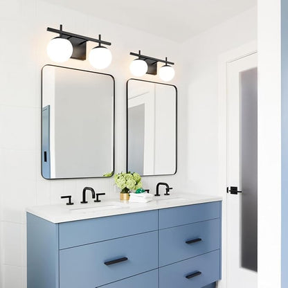 Bathroom Light Fixtures Over Mirror, Black Vanity Lights for Bathroom with White Frosted Glass, 2-Light Modern Vanity Lighting Fixtures Globe Sconces Wall Light for Bedroom Living Room Cabinet