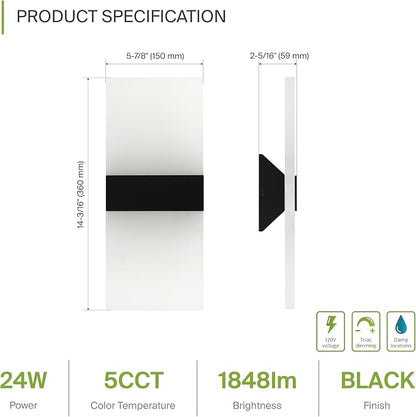 ASD 14 Inch Indoor LED Wall Sconce - 24W 2700K-5000K Dimmable Black Wall Sconce Lights for Living Room, Bedroom, Bathroom, Hallway - Modern Wall Sconces Hardwired, ETL Interior Light, Set of 2