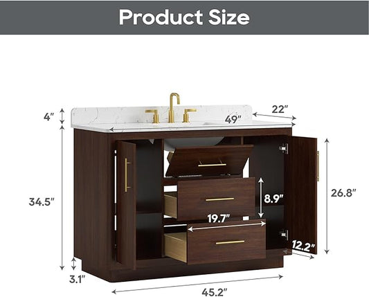48 Inch Bathroom Vanity with Sink, Solid Wood Frame with Engineered Marble Countertop, Fully-Assembled Vanity with Soft-Close Drawers, Adjustable Feets, Warm Elm