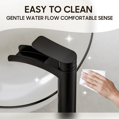 Phiestina Matte Black Tall Bathroom Vessel Sink Faucet, Waterfall Single Hole Single Handle Above Countertop Sink Bathroom Faucet, with Metal Pop Up Drain and Water Supply Lines, NS-SF01-MB-V