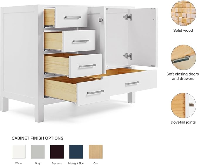 ARIEL Cambridge 42-inch Bathroom Vanity Base Cabinet,Solid Wood, 2 Soft Closing Doors, 5 Dovetail Drawers, White