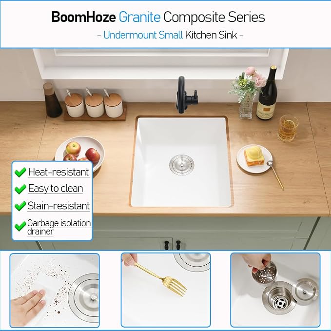 Undermount Bar Sink, 19x19 Inch White Granite Quartz Composite | Small Kitchen Sink Wet Bar Single Bowl Square Deep Basin with Squeegee Brush Combo