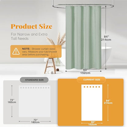 BTTN Stall Fabric Shower Curtain - 60 x 84 Inch Long Linen Textured Heavy Duty Shower Curtain Set with 10 Plastic Hooks, Narrow Decorative Neutral Waterproof Shower Curtains for Bathroom, Sage Green