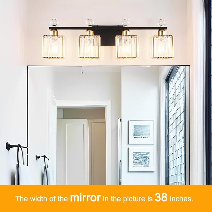 Lxybcce Bathroom Vanity Lights Over Mirror - Easy Installation with Clear Guide, 4-Light Shadow-Free Design, Black and Gold Crystal Finish - for Modern Home Bathroom Lighting Fixtures in DIY Projects