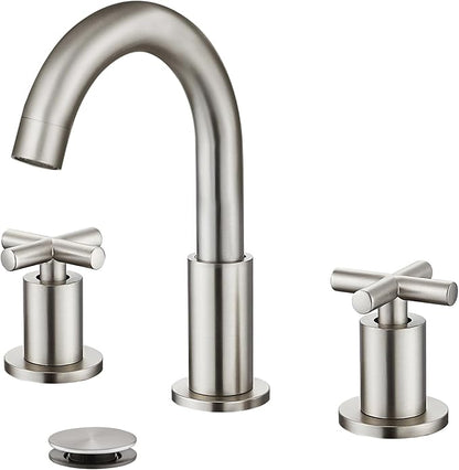 gotonovo 3 Hole Bathroom Faucet 8 inch Widespread Sink Vanity Faucet for Bathroom Sink 2 Cross Handle Deck Mount Basin with Pop Up Drain 360° Swivel Spout Brushed Nickel
