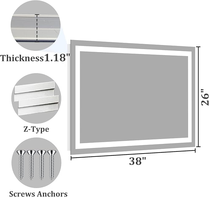 Koonmi 38x26 LED Bathroom Mirror, Shatterproof Mirror with Light | 90CRI Vanity Mirror with Anti-fog Backlit + Front Lit, 3 Color, Easy Install for Bathroom Hotel (IP65)