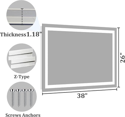 Koonmi 38x26 LED Bathroom Mirror, Shatterproof Mirror with Light | 90CRI Vanity Mirror with Anti-fog Backlit + Front Lit, 3 Color, Easy Install for Bathroom Hotel (IP65)