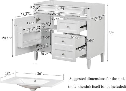 Merax 36'' Bathroom Vanity Without Top Sink, Solid Rubberwood Frame Cabinet | Modern Bathroom Vanity Storage Cabinet with 2 Drawers, Tip-out Drawer, Adjustable Shelf, Soft Closing Doors, White