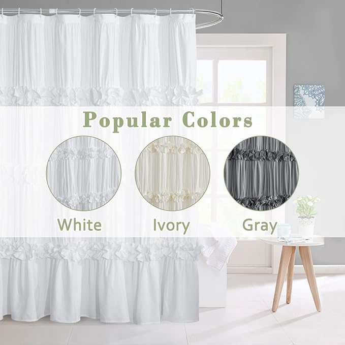 Homechoice Decor Victorian Ruffle Shower Curtain, 72" W x 72" H, White | Vintage Handcrafted Bow Tie Bath Curtain for Master Bathroom, Ruched Microfiber Bathroom Curtain with 12 Buttonholes (LQ-10)