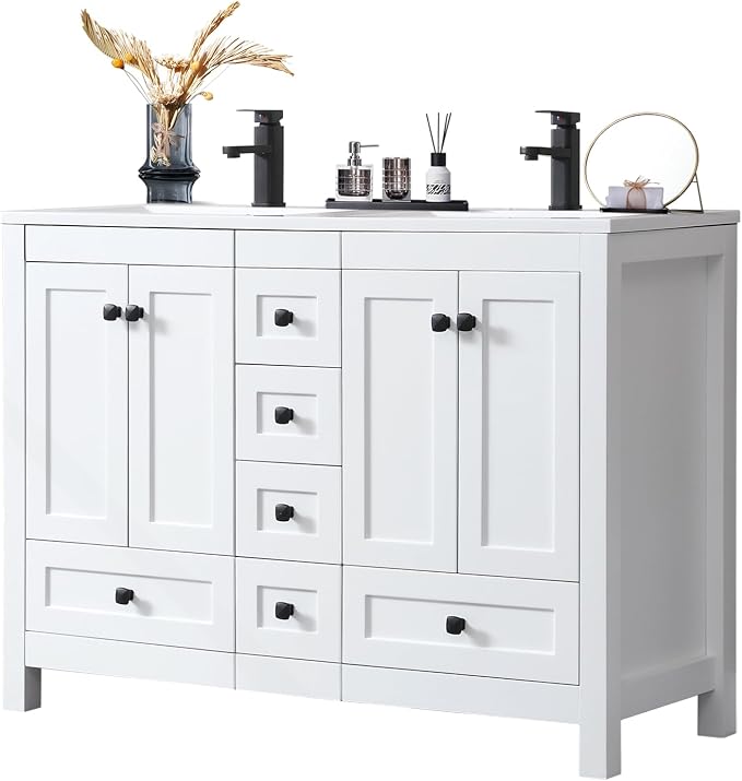 LUCKWIND 48" Bathroom Vanity and Sink Combos, Modern Bathroom Storage Painted Cabinet with Undercounter Resin Dual Sink Top, Matte Black Faucet and 6 Drawers, Mirror Not Included, White