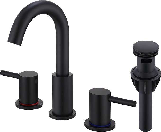 Black 3 Hole Bathroom Faucet, 8 in Matte Black Widespread Bathroom Sink Faucet with Pop Up Drain and Supply Lines, Stainless Steel 2 Handle Black Faucet for Vanity
