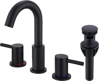 Black 3 Hole Bathroom Faucet, 8 in Matte Black Widespread Bathroom Sink Faucet with Pop Up Drain and Supply Lines, Stainless Steel 2 Handle Black Faucet for Vanity
