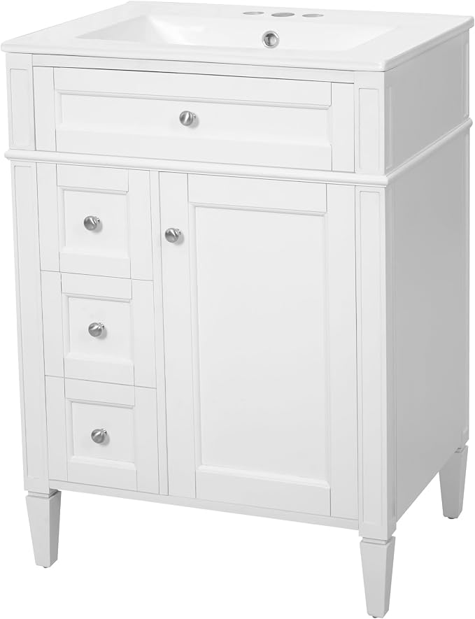 Merax 24 Inch Bathroom Vanity with Ceramic Sink, Solid Wood Frame Modern Bathroom Sink Storage Cabinet with 2 Drawers and a Tip-Out Drawer, Single Sink Bathroom Vanities, White