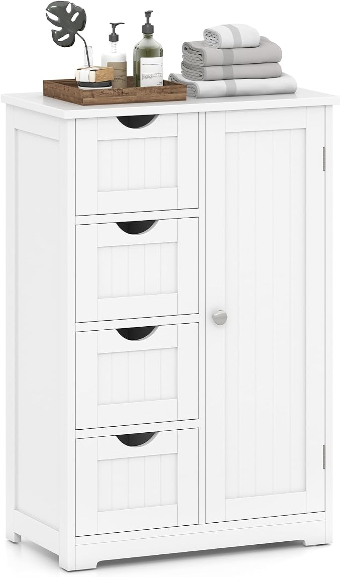 Giantex Storage Cabinet with 4 Drawers, Bathroom Storage Organizer with Cupboard, Adjustable Shelf, Anti-Toppling Device, Floor Cabinet, Entryway Storage Unit Console Table, White