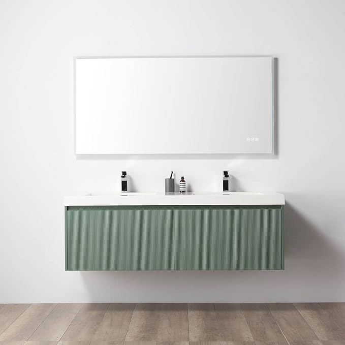 Blossom 60 Inch Double Sink Bathroom Vanity, All Wood Wall Mounted Floating Bathroom Vanity Cabinet with Acrylic Sink, Bathroom Sink Cabinet with Soft-Close Drawers, Modern Vanities, Aventurine Green
