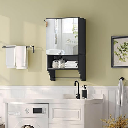 Bathroom Wall Cabinet with Mirror, Medicine Cabinet with 2 Door and Adjustable Shelf, Wall Mounted Over The Toilet Storage Cabinet with Towel Bar for Bathroom Laundry Room Kitchen, Black