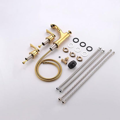 Pull Down Bathroom Faucet 3 Hole Gold Double Handle Hot and Cold Restroom Faucet 3 Holes,Gold