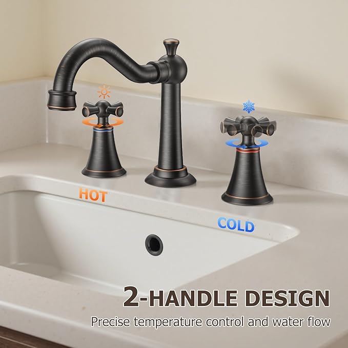 Hurran 8 Inch Widespread Bathroom Sink Faucet ORB, 3 Hole 2 Cross Handles Classic Vintage Antique Faucet with Metal Pop Up Drain and Supply Hoses for Vanity, RV, Farmhouse