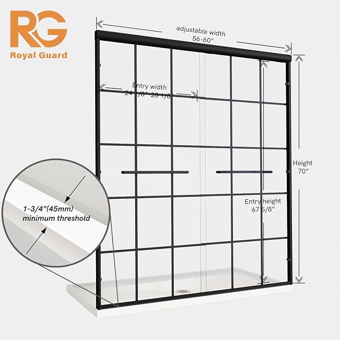 Semi-Frameless Sliding Shower Door 56-60"W x 72"H ,Grid Pattern Matte Black | Grid Pattern Design,6mm SGCC Tempered Glass,Nano Coating Easy Clean.Walk-in & Bathtub Use,Reversible Installation