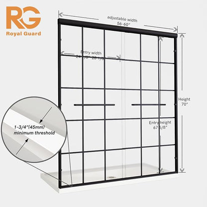 Semi-Frameless Sliding Shower Door 56-60"W x 72"H ,Grid Pattern Matte Black | Grid Pattern Design,6mm SGCC Tempered Glass,Nano Coating Easy Clean.Walk-in & Bathtub Use,Reversible Installation
