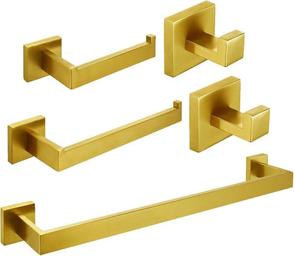 5-Piece Brushed Gold Bathroom Hardware Accessory Set Including 24inch Towel Bar Toilet Paper Holder Towel Holder Robe Hook Premium SUS 304 Stainless Steel Wall Mounted Square Style,Rustproof