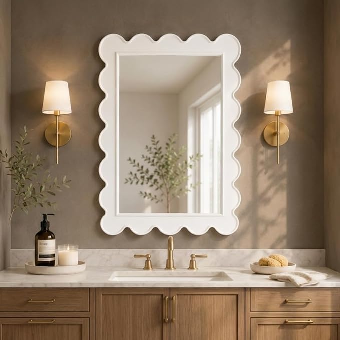 CAALMA Scalloped Wall Mirror 24 x 36 Rectangular, Bathroom Mirror, Mirrors for wall Decor, Wooden Frame Mirrors for wall, Decorative Vanity Mirror, Nursery Decor, Entryway Mirror (White)