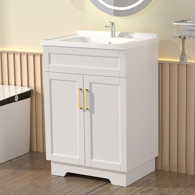 Bathroom Vanity with Ceramic Sink, Bathroom Vanity Cabinet with 2 Doors, 24 Inches Wooden Cabinet with Sink, White