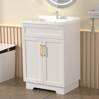 Bathroom Vanity with Ceramic Sink, Bathroom Vanity Cabinet with 2 Doors, 24 Inches Wooden Cabinet with Sink, White