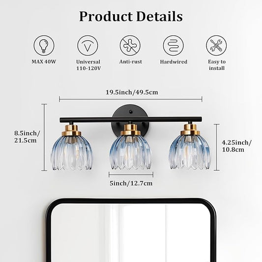 TALOYA Bathroom Vanity Light Fixtures, 3-Light Modern Black and Gold Wall Lights Over Mirror with Gradient Blue Tulip Glass Shades Bathroom Wall Lamp for Mirror, Living Room,Hallway, Farmhouse