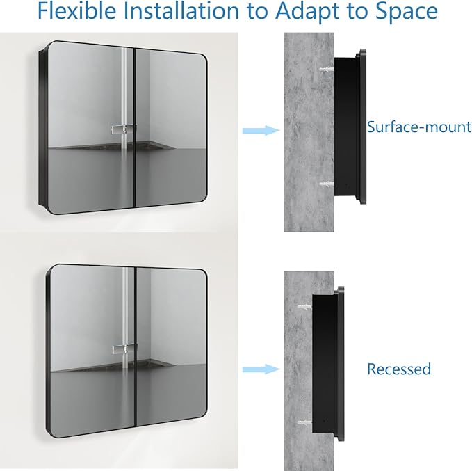 30’’x26’’ Medicine Cabinet,Metal Framed Medicine Cabinet Mirror with Round Corner,Recessed and Surface Mount Bathroom Mirror with Storage,Removeable Shelves,Dark Gray Frame