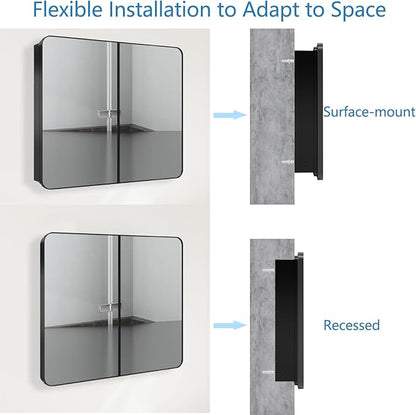 30’’x26’’ Medicine Cabinet,Metal Framed Medicine Cabinet Mirror with Round Corner,Recessed and Surface Mount Bathroom Mirror with Storage,Removeable Shelves,Dark Gray Frame