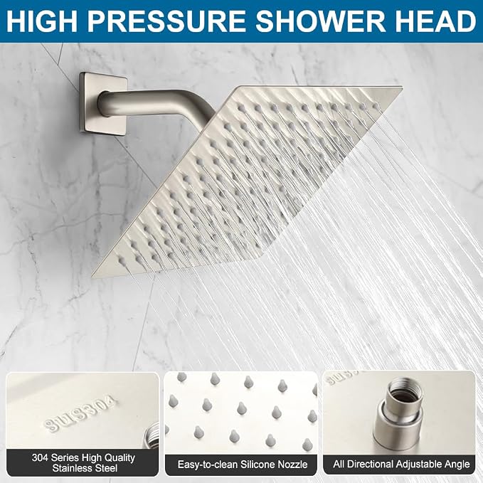 Shower System Brushed Nickel Bathroom Rainfall Shower Faucet Set Complete Wall Mounted 8 Inch Shower Head and Handle Set with Rough-in Valve Body and Trim Kit