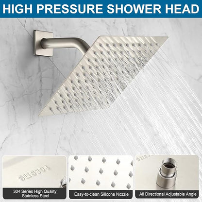 Shower System Brushed Nickel Bathroom Rainfall Shower Faucet Set Complete Wall Mounted 8 Inch Shower Head and Handle Set with Rough-in Valve Body and Trim Kit