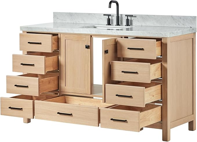 ARIEL Cambridge 60-inch Bathroom Vanity with Sink,Solid Wood, 1.5-inch Italian Carrara Marble Countertop, Single Rectangular Porcelain Sink, 2 Soft Closing Doors, 9 Dovetail Drawers, White Oak