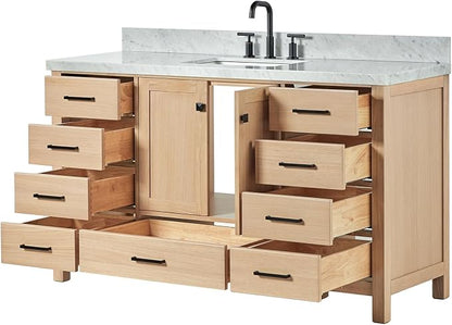 ARIEL Cambridge 60-inch Bathroom Vanity with Sink,Solid Wood, 1.5-inch Italian Carrara Marble Countertop, Single Rectangular Porcelain Sink, 2 Soft Closing Doors, 9 Dovetail Drawers, White Oak